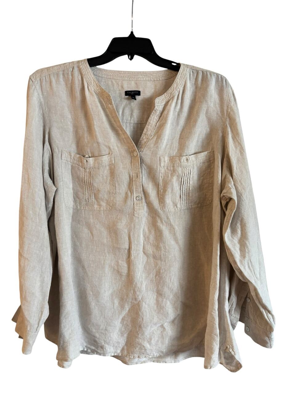 Talbots 100% Linen Camp Long Shirt Beige Long Sleeve Size 3X V Neck Pocket